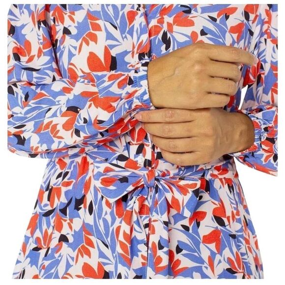 Well Worn Women's White, Blue, Red & Black Viscose Button Down Long Sleeve Dress - Picture 3 of 16